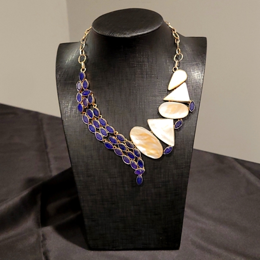 Blue Sapphire & Mother of Pearl Gemstone Silver Jewelry Statement Neckla…